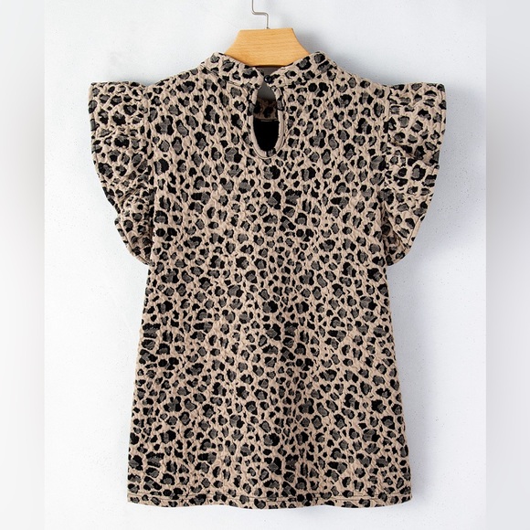 Khaki Animal Print Ruffle Sleeve Back Button Top - Picture 10 of 14